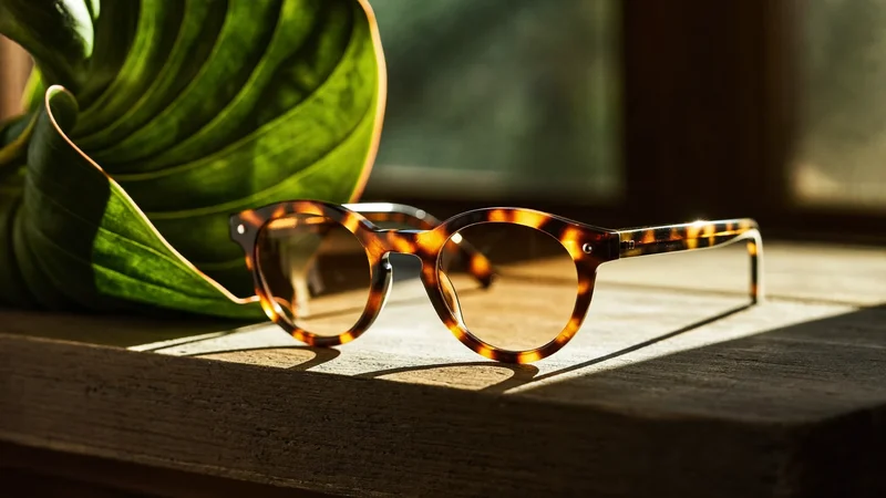 Runde Schildpatt- und getönte Sonnenbrillen auf sonnigem Holzsims neben einem Blatt